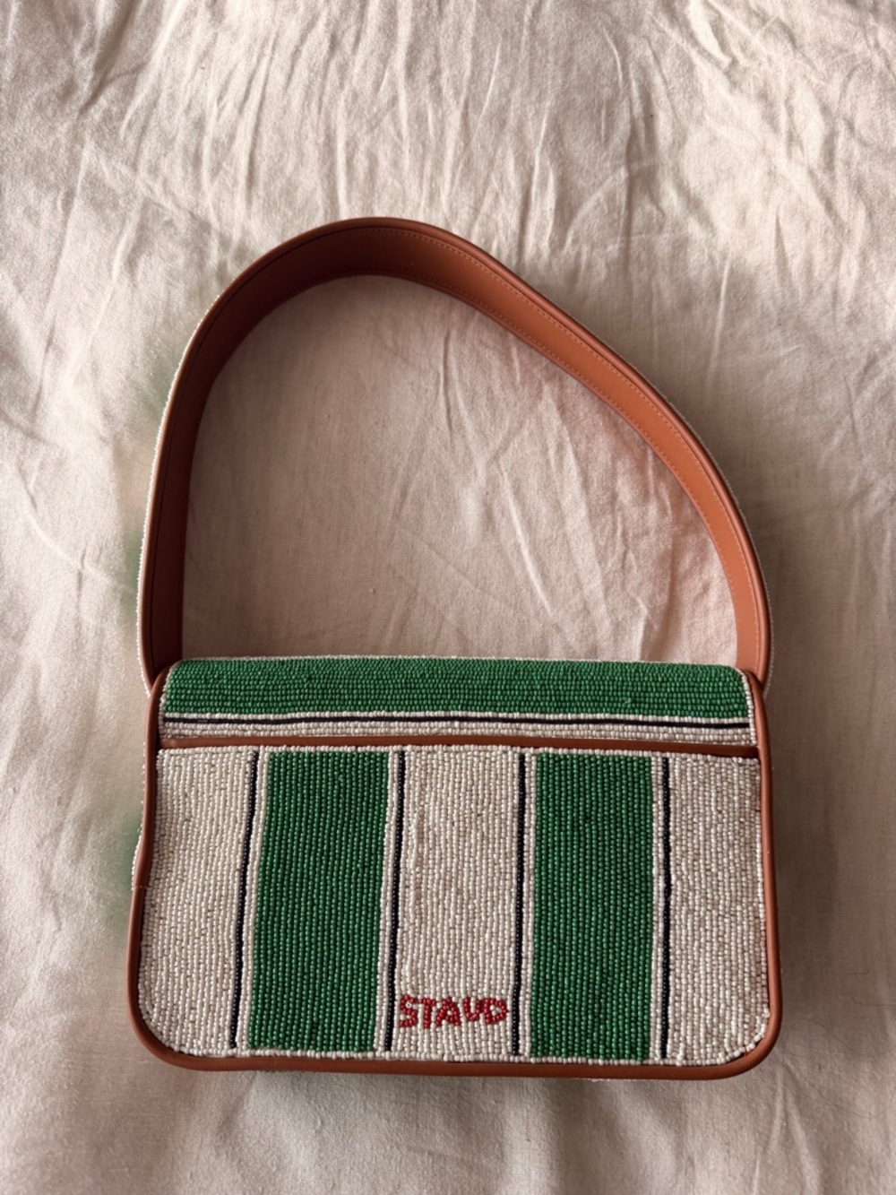 Staud Tommy Beaded Green and White Stripe Shoulder Bag - Picture 4 of 5